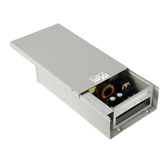 Regulated switching power supply, open metal case with toroidal inductor and capacitors