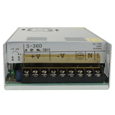 Regulated switching power supply, top panel with input/output labels and front DC terminal block