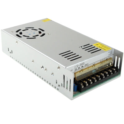 Regulated switching power supply, silver metal case with vent grille and DC terminal block