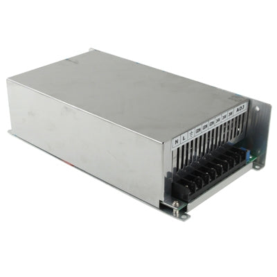 Regulated switching power supply metal case with front terminal block and cooling fins