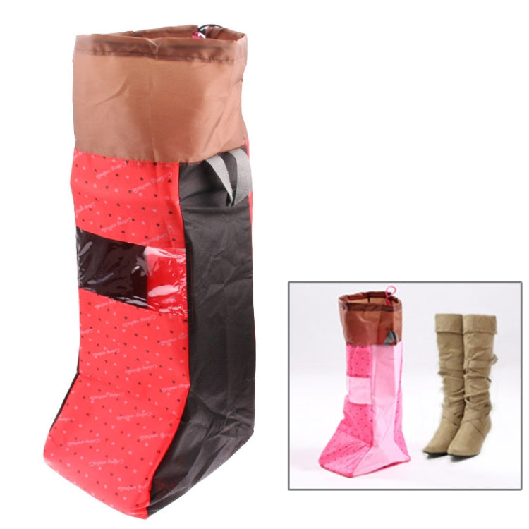 Portable boots storage bag with handle, red speckled front and brown top