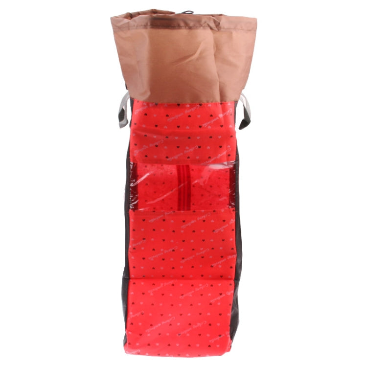 Red boots storage bag with brown top, side openings, and visible inner mesh