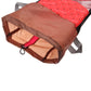 Unfolded boots storage bag showing brown base, red interior lining, and zipper