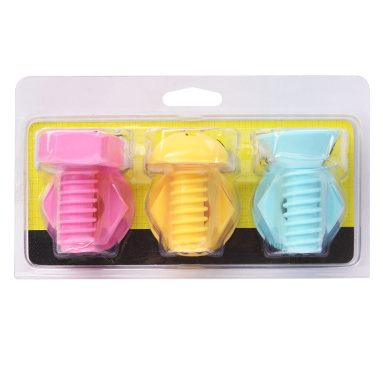 Packaged screw-style wall hooks in pink, yellow, and light blue, three-pack