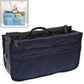 Dark navy double-zip cosmetic bag, front view with mesh-panel pocket and straps.