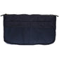 Dark navy double-zip cosmetic bag, top edge and front panel with stitched pockets.