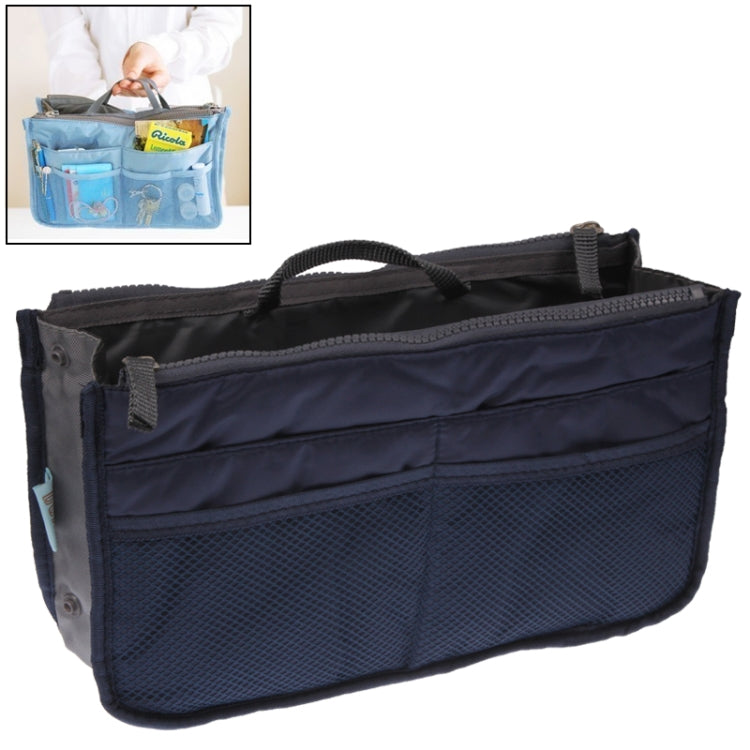 Dark navy double-zip cosmetic bag with front pocket and carry handle.