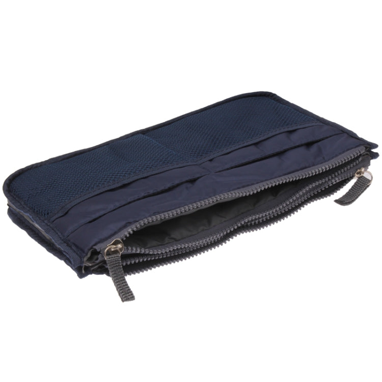 Dark navy double-zip cosmetic bag with side zipper closure and woven carry strap.