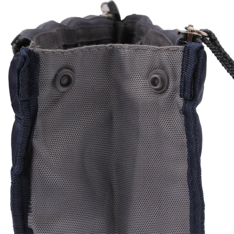 Dark navy cosmetic bag close-up of reinforced grommets and handle strap.