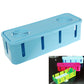 Light blue cable organizer box with two vent grilles and three connector slots