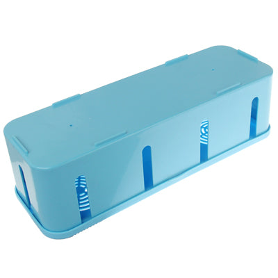 Light blue cable organizer box, side view with long slots and small vent marks