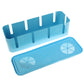 Pair of light blue cable organizer trays with vent base and upright connector slots