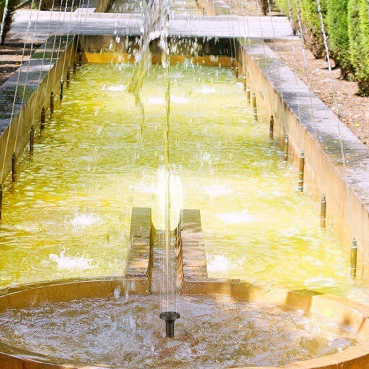 Solar pump in outdoor water basin with mesh channels and flowing water