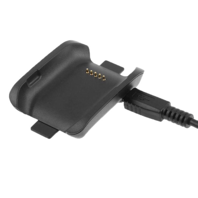 Black charging cradle stand with charging pins and power cable connector