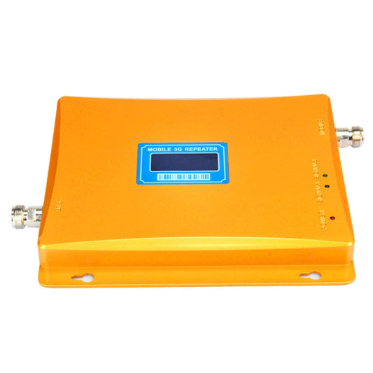 Orange signal repeater front panel with blue LCD screen and metal RF connectors
