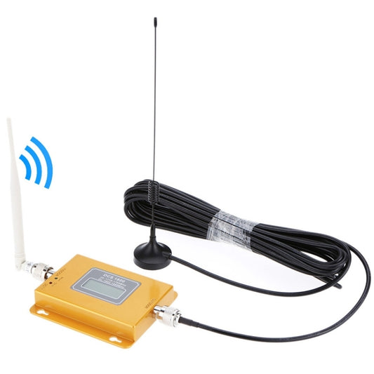 DCS 1800MHz signal booster with LCD screen, external antenna cable, and mounting base