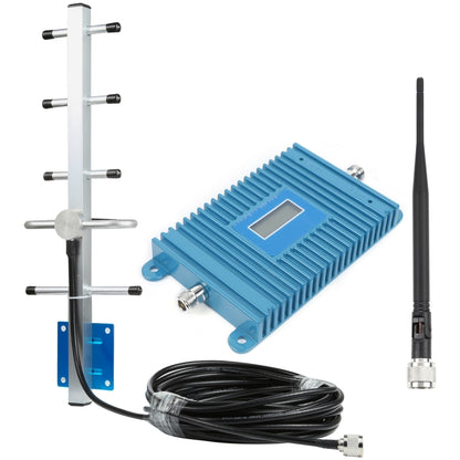 GSM 900 signal repeater booster kit with blue amplifier, screen, cables and two antennas