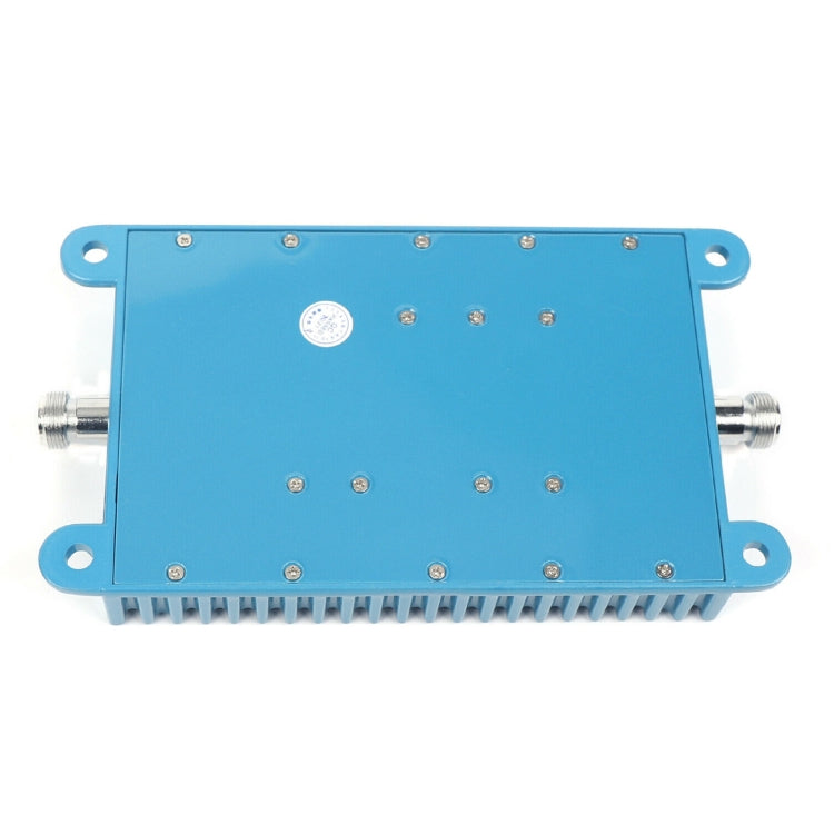Blue rear panel of GSM 900 signal repeater booster with ports, screws, and metal connectors