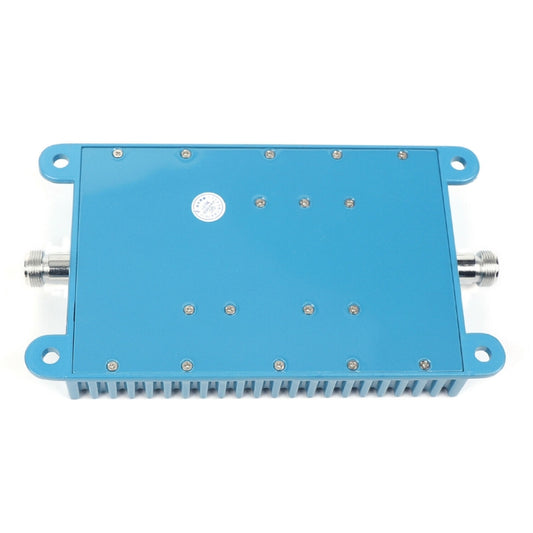 Blue rear panel of GSM 900 signal repeater booster with ports, screws, and metal connectors