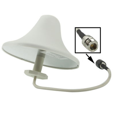 White dome antenna with coax cable and connector plug, close-up