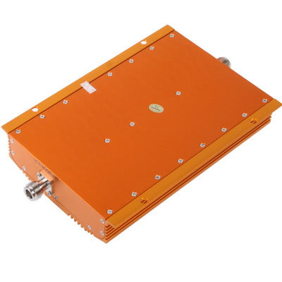 Orange metal repeater unit with multiple mounting holes and coax input