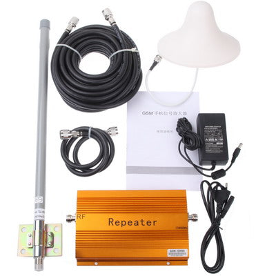 Cellular repeater kit with external antenna mast, dome antenna, cables, and power supply