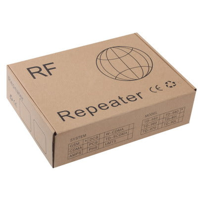 RF signal repeater shipping box with RF logo and spec panel