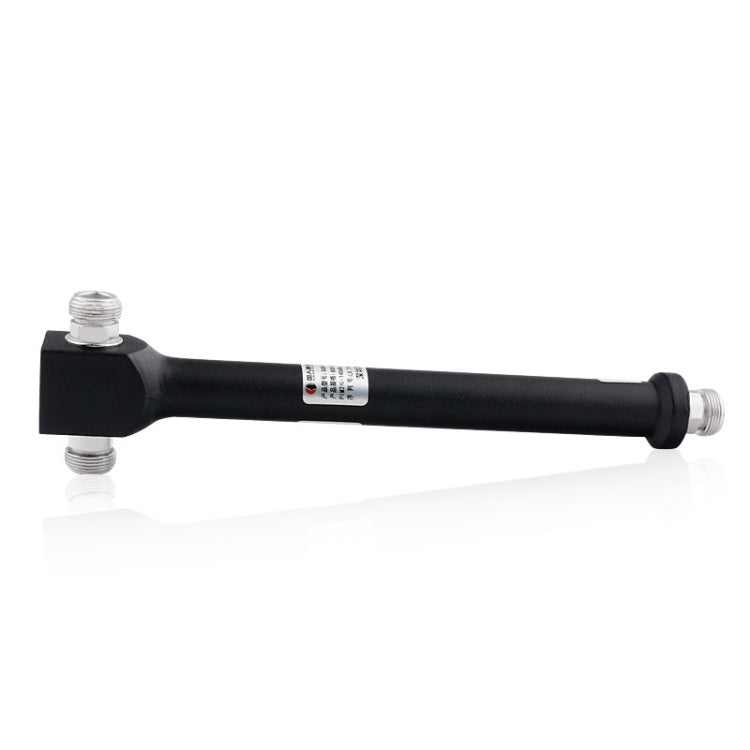 Black RF power splitter divider with two threaded ends and center label, ST-MR02BLC