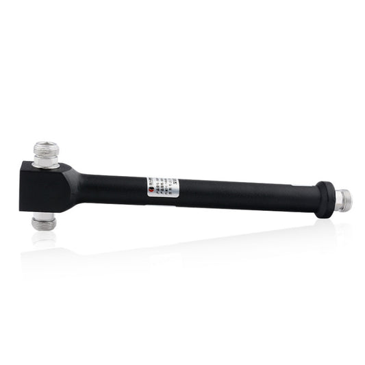 Black RF power splitter divider with two threaded ends and center label, ST-MR02BLC