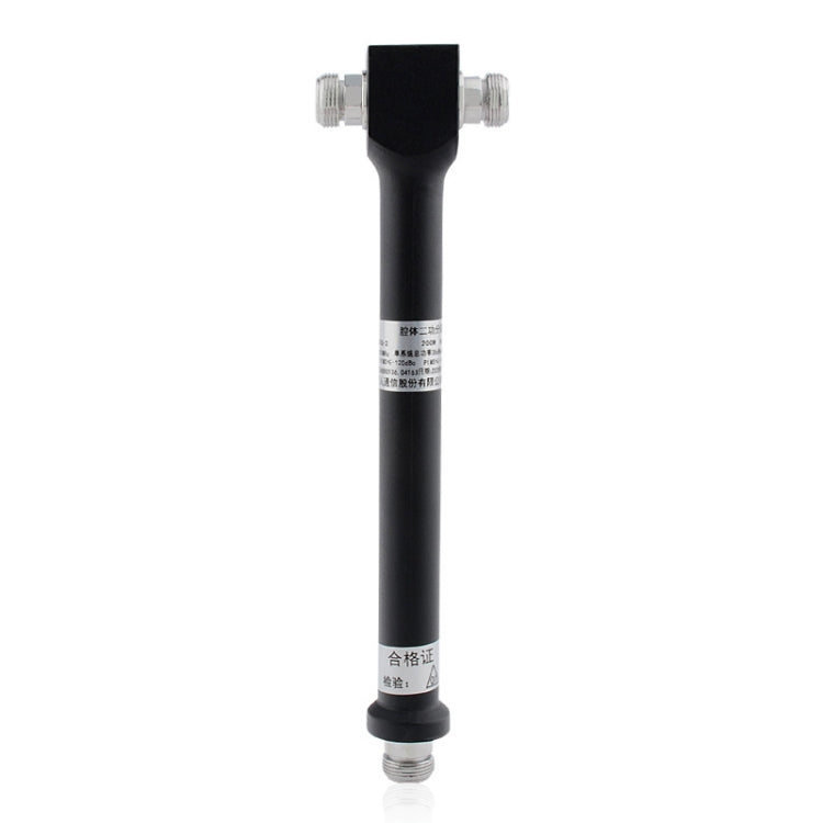 Black RF power splitter divider with top mounting block and threaded connectors