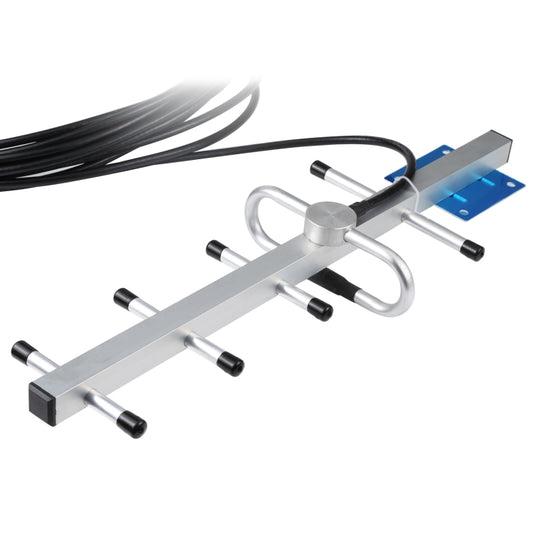 Metal Yagi antenna boom with radial elements, blue control box, and black coax cable