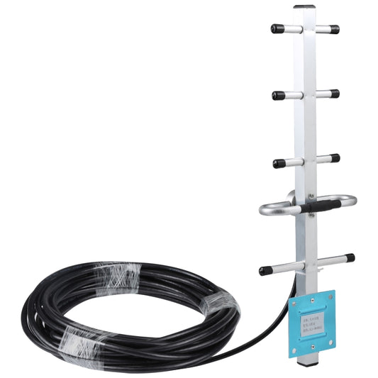 GSM Yagi antenna kit with black coax cable and N-male connector module on mounting rail