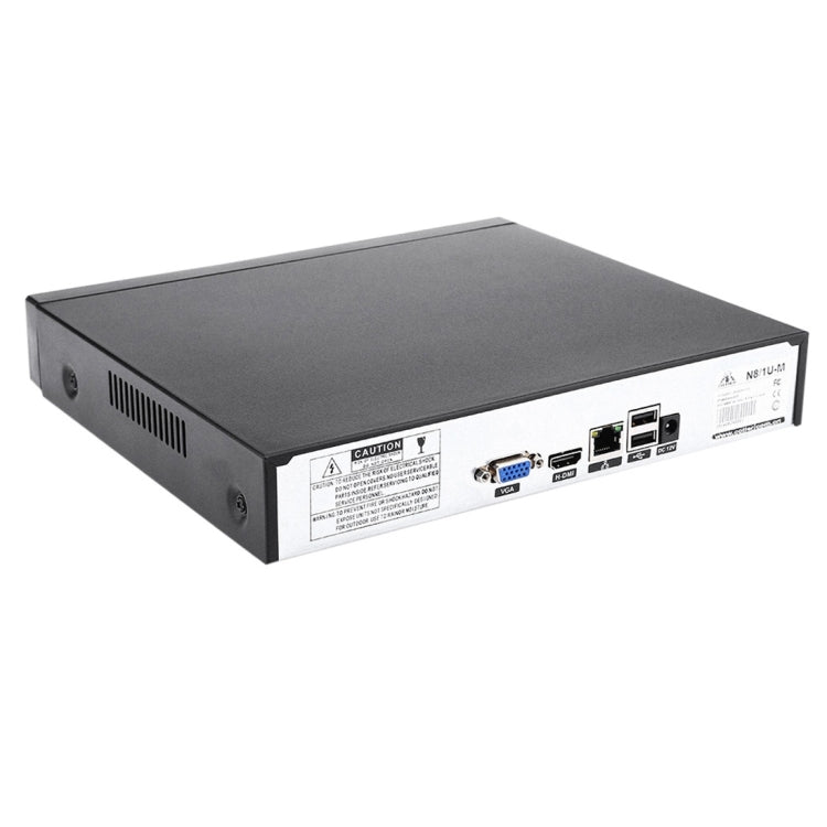 8-channel network video recorder rear panel with ports, warning labels, and mounting feet