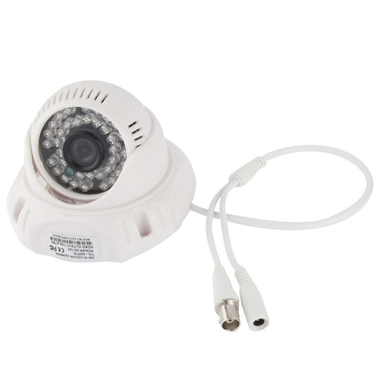 White dome security camera with cable and dual connector plugs