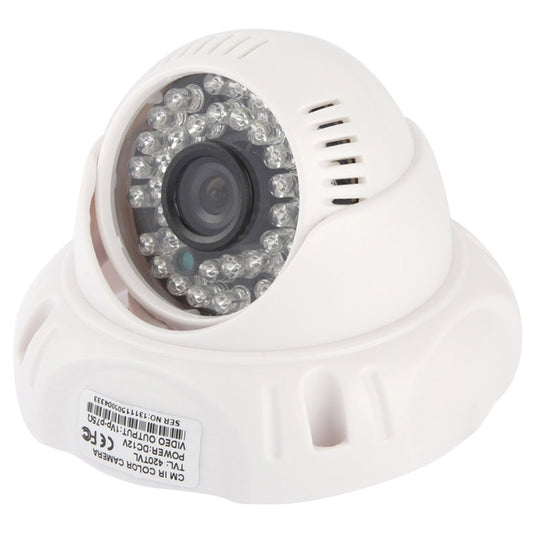 White dome security camera with wide lens and visible infrared LED ring