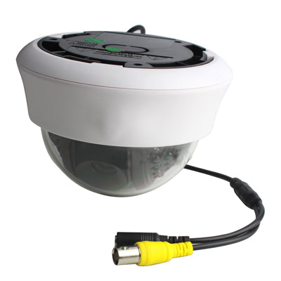 White dome CCD security camera with black power lead and yellow RCA connector