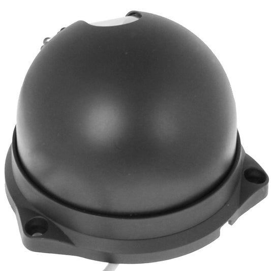 Black dome security camera with protective housing and circular top view