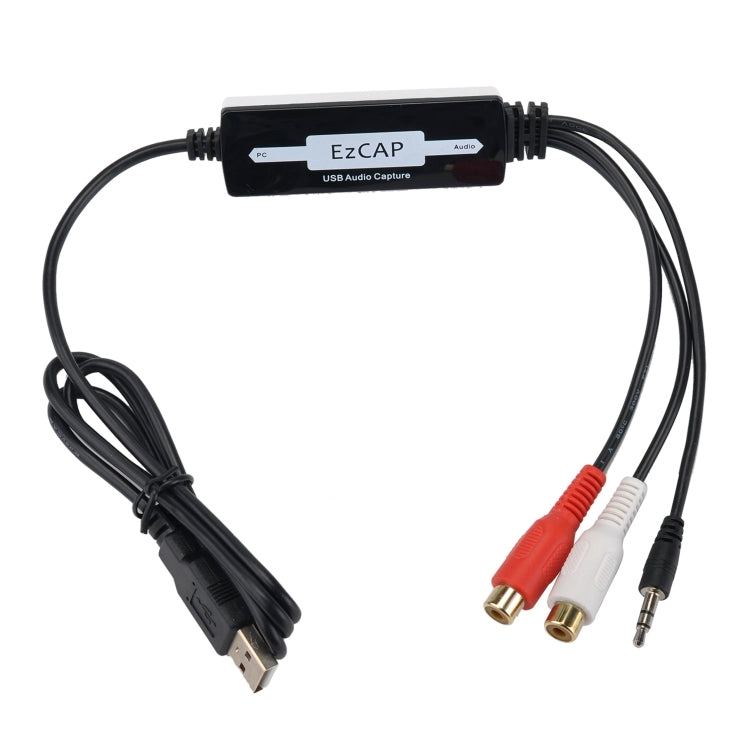 USB audio capture device with attached cable, RCA outputs, and 3.5mm audio input