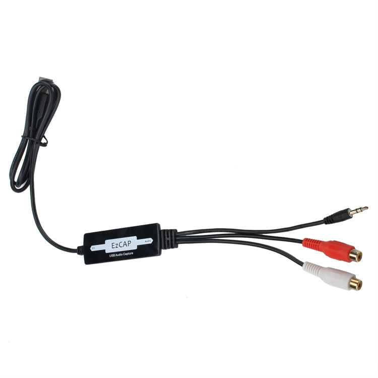 USB audio capture cable with black housing and RCA plugs plus 3.5mm audio connector