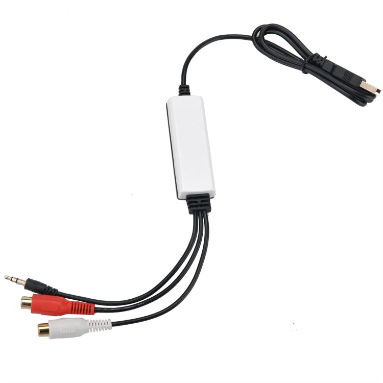 USB audio capture adapter with black cable and 3.5mm jack and dual RCA connectors