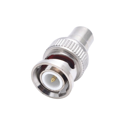 RCA to BNC adapter, silver metal connector with threaded coupling and center pin