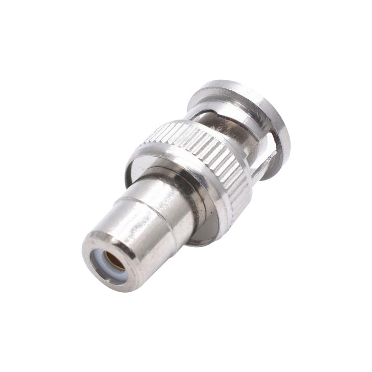 RCA to BNC adapter, silver metal plug end and knurled grip ring