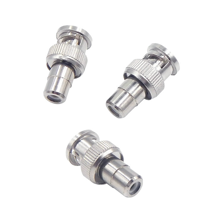 RCA to BNC adapter set of three views, silver metal male ends with knurling