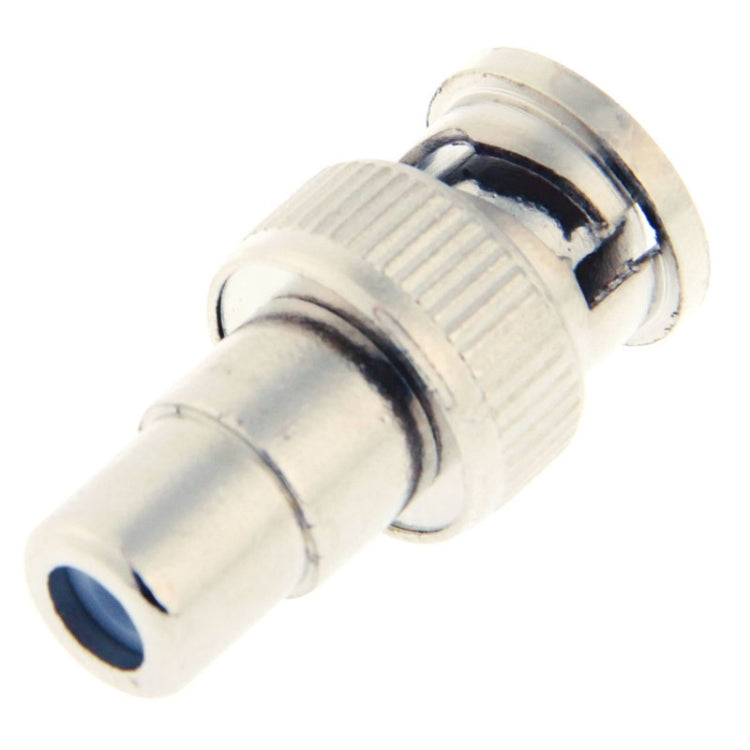 93 ohm BNC plug terminator viewed from the side, showing metal shell and pins