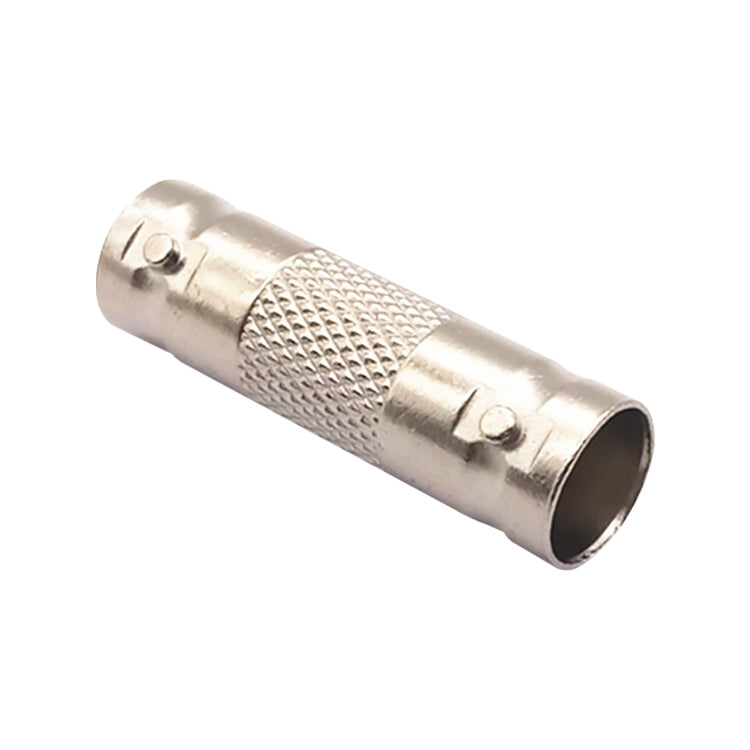 BNC jack-to-jack inline splice adapter with two silver metal BNC ports