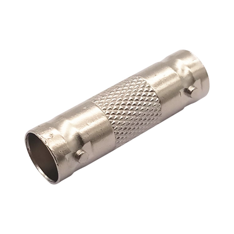 BNC inline splice adapter, silver metal with knurled grip and side BNC opening