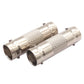 BNC inline splice with two silver cylindrical BNC jacks and knurled grip sections
