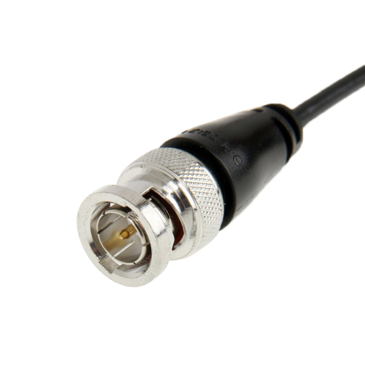 BNC male connector end on black cable with metal housing