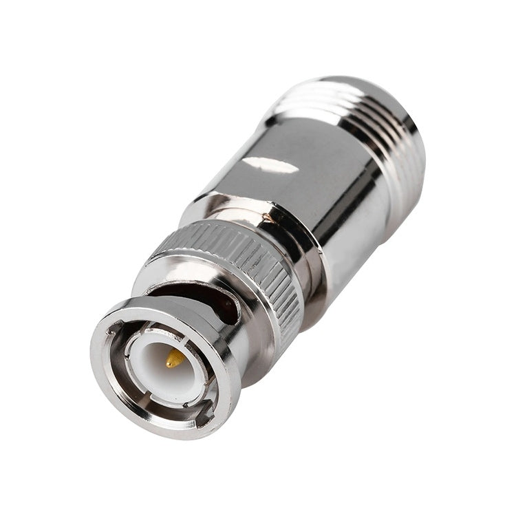 Nickel plated BNC plug to UHF jack coax connector, chrome finish, gold center pin