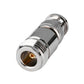Close-up nickel plated BNC plug to UHF jack connector, gold center pin and threads